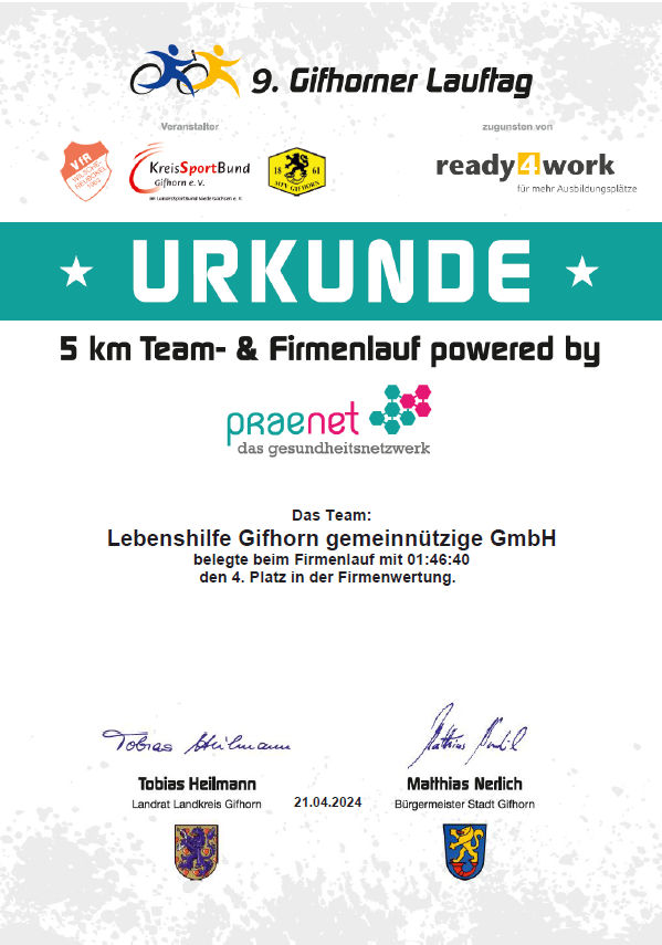 Urkunde 5km Team 1 Lebenshilfe
