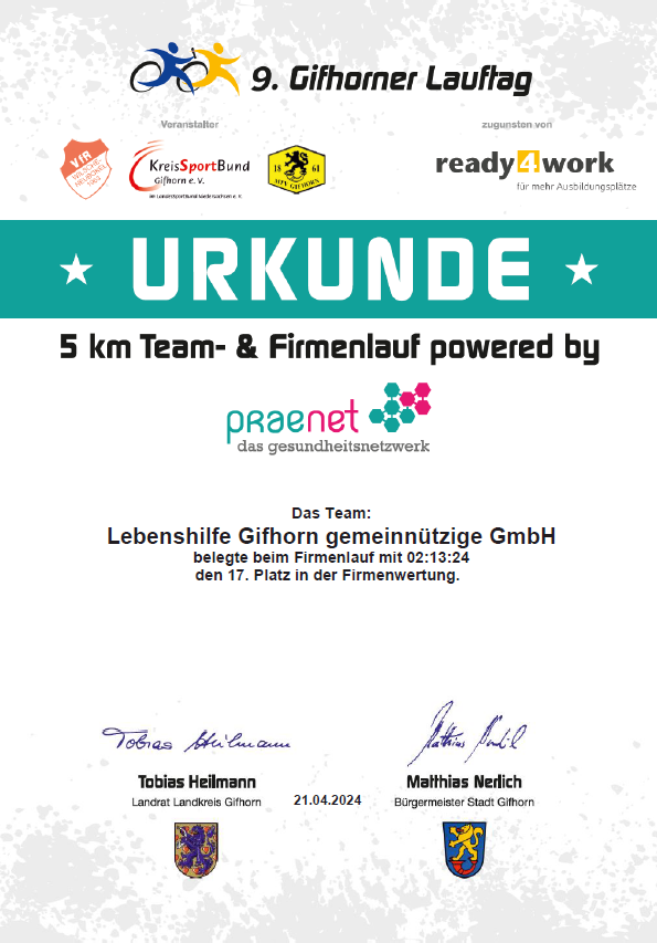Urkunde 5km Team 2 Lebenshilfe