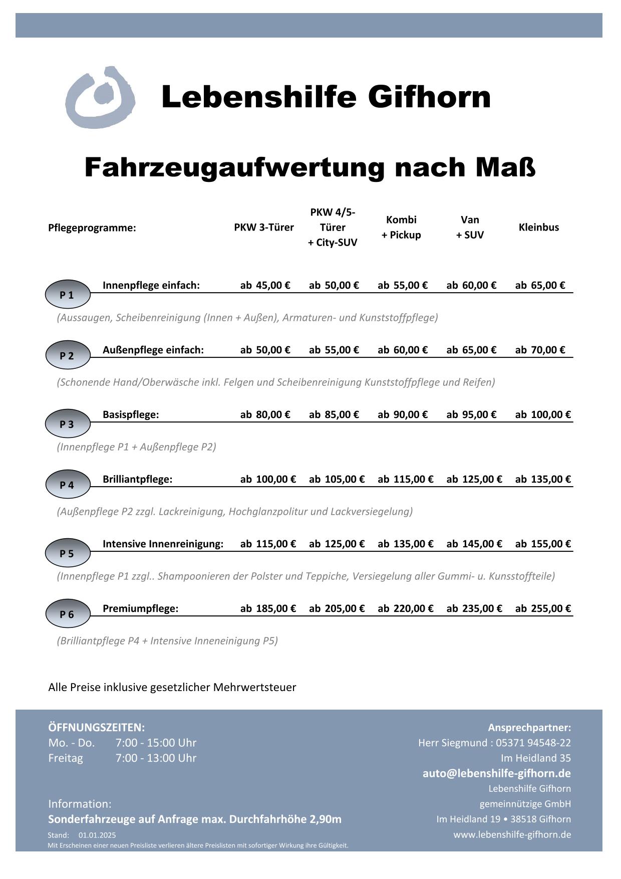 2025 Preise Fahrzeugaufbereitung 1
