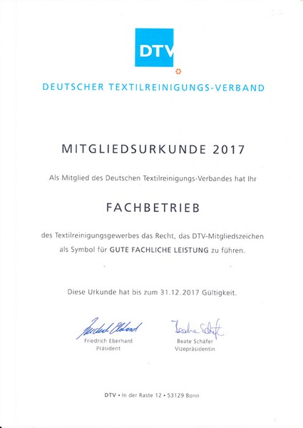 Urkunde Deutscher Textilreinigungsverband